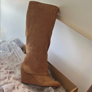 Tan Suede Wedge Knee-High Boots